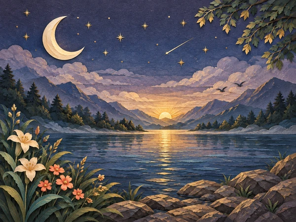 A calm paper lakeside at dawn.