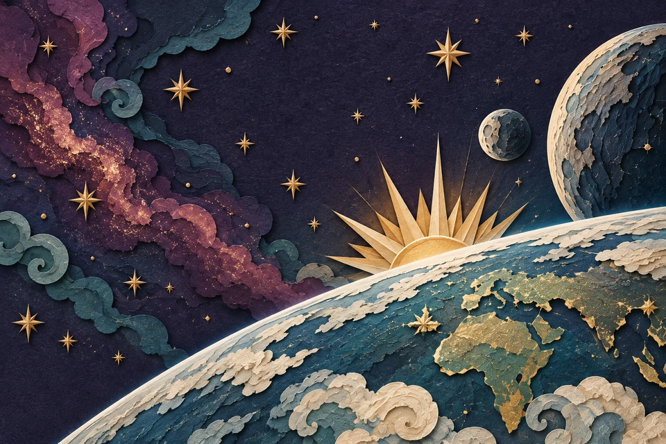 A paper night sky over space.