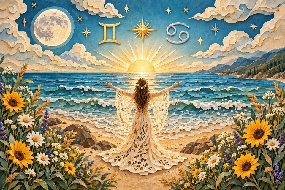 A woman in a paper gown greeting the solstice sun over the sea, with the Gemini and Cancer glyphs in the sky.