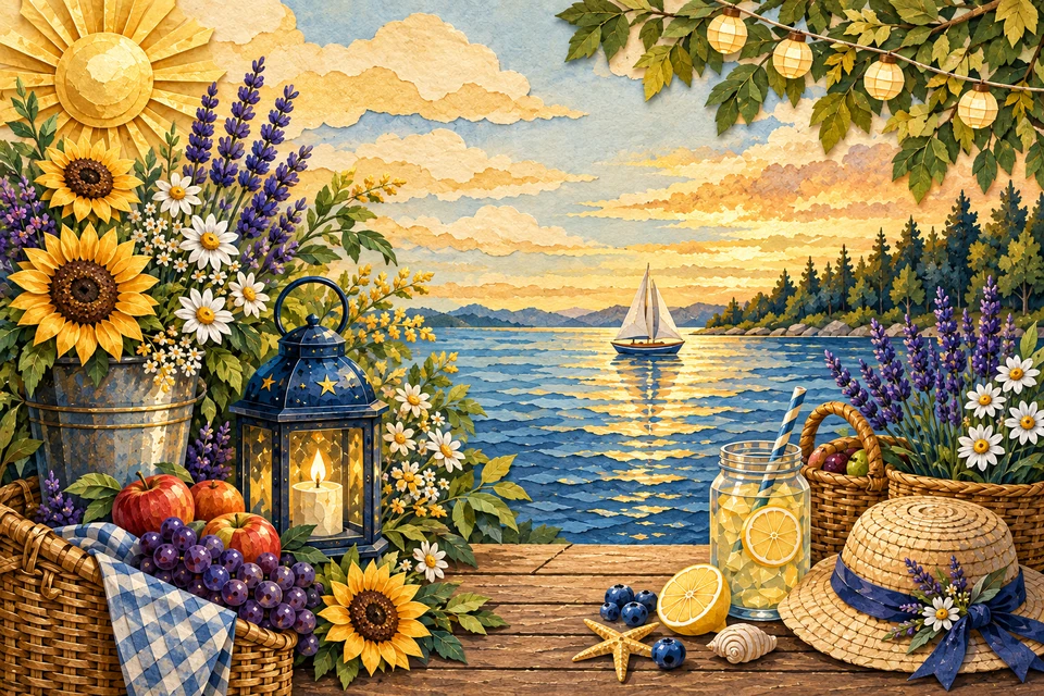 A lakeside summer picnic in cut paper, with sunflowers, a lantern and a sailboat.