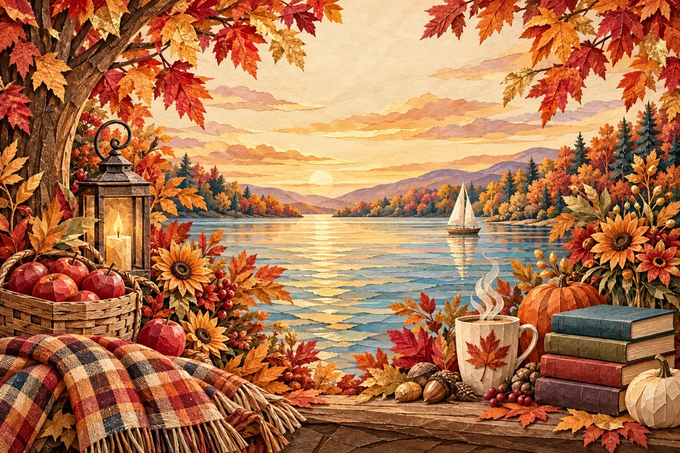An autumn lakeside in cut paper, with a lantern, apples, a plaid blanket and a sailboat.