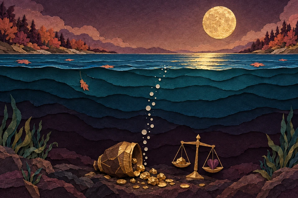 A lake at dusk in cut paper, seen in cross-section. Above the water, autumn trees and a gold full moon; below it, layers of deepening water, a tipped crucible spilling gold, and a pair of scales weighing a gold nugget against a paper heart, with a trail of bubbles rising to the moonlight.